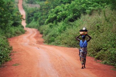 © peeterv / Getty Images - Porteuse sur un chemin de terre près de Ouidah - Bénin Porteuse sur un chemin de terre près de Ouidah - Bénin