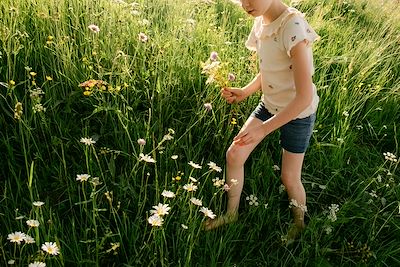 Une enfant cueillant des fleurs