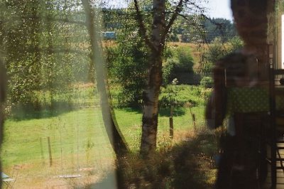 Reflet d'une fenêtre donnant sur un jardin