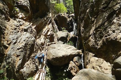 Passage par une échelle - Falaises de Doucky - Guinée