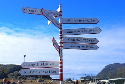 © Tasermiut - Panneau de distances à Nanortalik - Virginie - Groenland Panneau de distances à Nanortalik - Virginie - Groenland