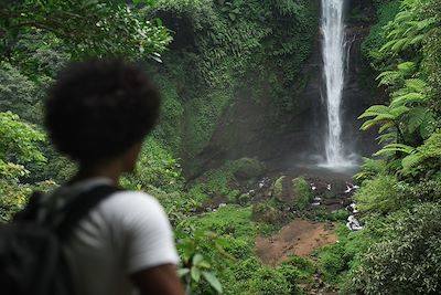 Homme devant une cascade dans la jungle - Bali - Indonésie