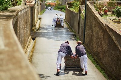 © Ekaterina Pokrovsky / Adobe Stock - Descente en traineaux en osier à Funchal - Ile de Madère - Portugal Descente en traineaux en osier à Funchal - Ile de Madère - Portugal