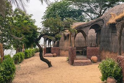 Maisons traditionnelles entourées de végétation dans un village au Sénégal