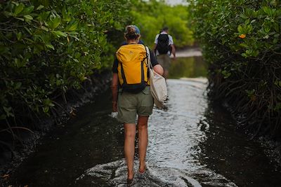 Duo en marche sur une rivière au Sénégal