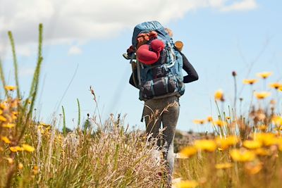 © Jacques Van Zyl / Stocksy - Une randonneuse avec son sac à dos le long d'un sentier fleuri - Du Toitskloof - Afrique du Sud Une randonneuse avec son sac à dos le long d'un sentier fleuri - Du Toitskloof - Afrique du Sud