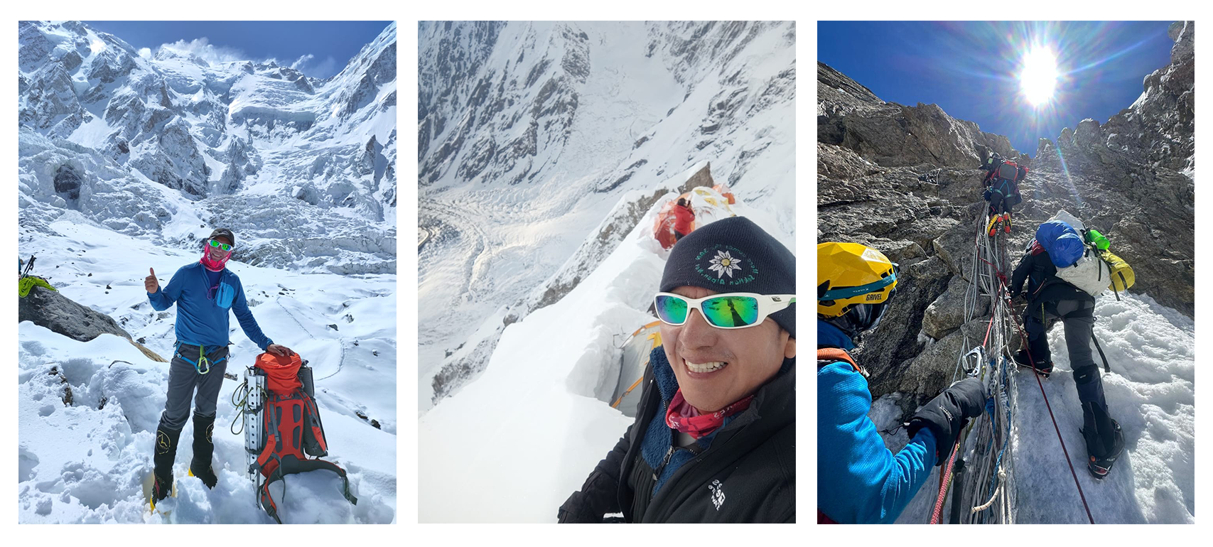 De gauche à droite : Hugo avec en fond le Nanga Parbat, Hugo devant le camp 2 à 6 100 mètres et une cordée en route dans un passage raide- ©Hugo Ayaviri