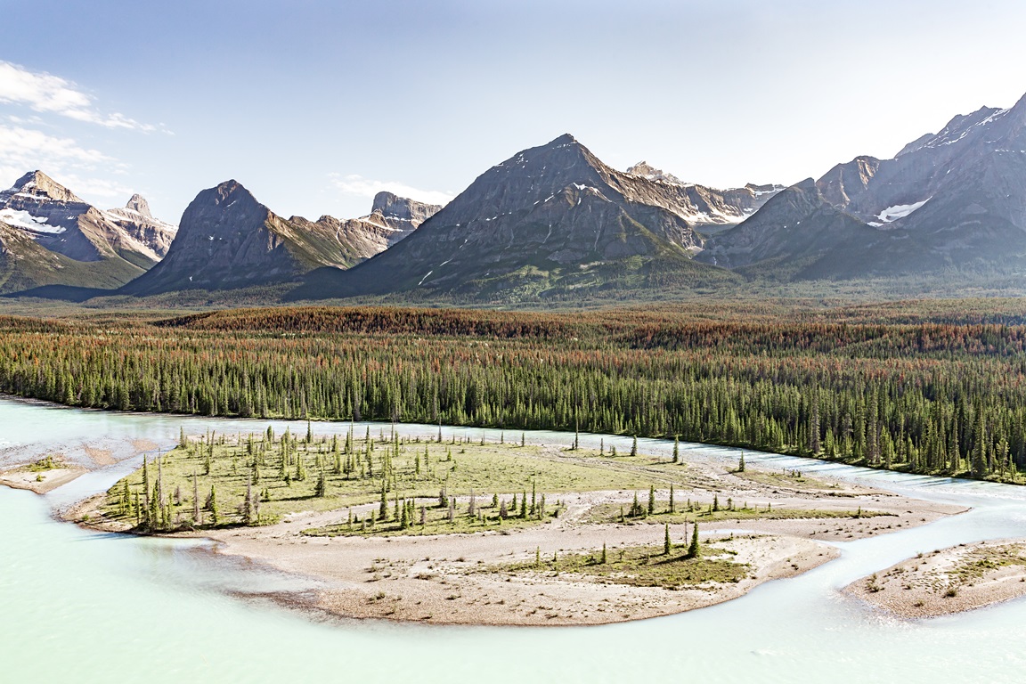 PANORAMA XXL  À GOATS AND GLACIERS VIEWPOINT Les belvédères, incontournables points de vue, offrent  aux voyageurs de spectaculaires panoramas de la rivière  Athabasca - ©Wild Birds Collective